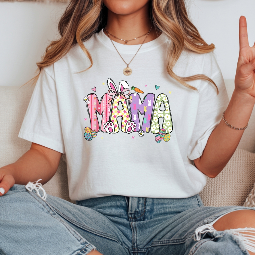 Cute Easter “Mama” Graphic Tee – Bunny & Pastel Spring Shirt – Gildan DryBlend